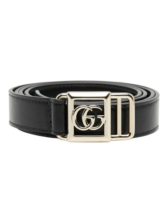 Gucci Double Buckle Slim Belt Black Gold Leather Plated